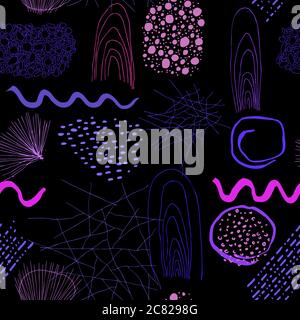 Seamless pattern hand drawn bright abstract blots in purple, pink colors of ink on black. Collection of color ink abstract textures. Textile compositi Stock Vector