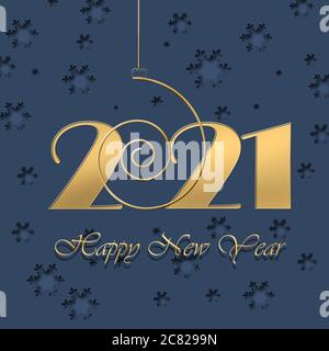 Luxury 2021 Happy New Year elegant design 3D illustration of golden 2021 logo numbers with snowflakes on blue background. Greeting card, banner Stock Photo
