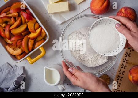 Ingredients for peach cobbler pie Stock Photo