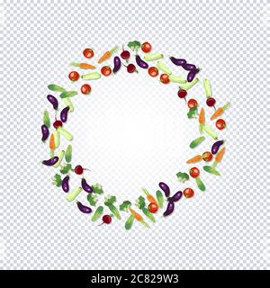 Vector round pattern with colorful tasty eco friendly vegetables. Healthy food and lifestyle design. Vegetarian healthy food. Perfect for design packa Stock Vector