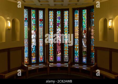 Stainde glass windows in Kansallismuseo, the National Museum, in Helsinki, Finland Stock Photo