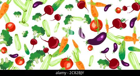 Vector seamless pattern with colorful tasty eco friendly vegetables. Healthy food and lifestyle design. Vegetarian healthy food. Perfect for design pa Stock Vector