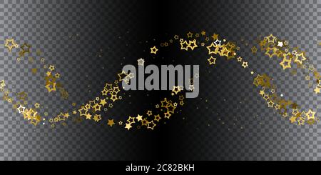 Gold stars confetti. Seamless horizontal pattern random starry fall. Luxury shiny little random stellar falling on black transparent background. Stock Vector