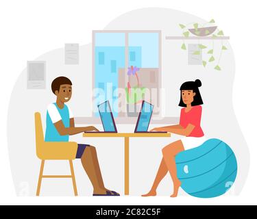 Man and woman working together. Flat vector picture. Couple teamwork. Stock Vector