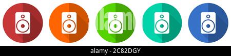 Music speaker, loudspeaker icon set, red, blue, green and orange flat design web buttons isolated on white background, vector illustration Stock Vector