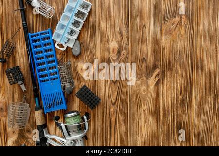 fishing trough, fishing hooks and fishing line, accessories for bottom  fishing on a white background close-up Stock Photo - Alamy