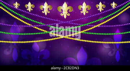 Horizontal pattern beautiful yellow, green, purple beads on a dark night background with flashes of light. Mardi Gras Party. Venetian carnival mardi g Stock Vector