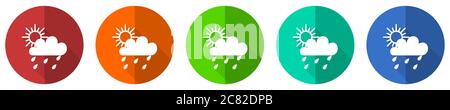 Rain icon set, red, blue, green and orange flat design web buttons isolated on white background, vector illustration Stock Vector