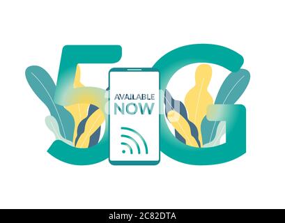 5G available now vector illustration. Phone with 5g wireless network technology isolated Stock Vector