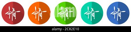 Windmill icon set, red, blue, green and orange flat design web buttons isolated on white background, vector illustration Stock Vector