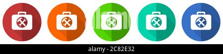 Toolkit icon set, red, blue, green and orange flat design web buttons isolated on white background, vector illustration Stock Vector