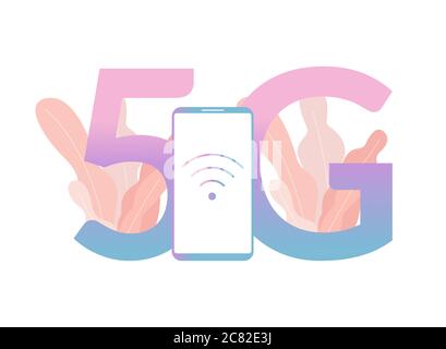 Phone with 5g wireless network technology isolated. Smartphone and 5G symbol vector illustration. Stock Vector