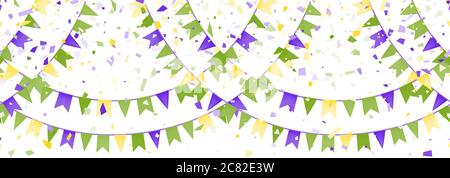 Vector Bright Colorful scattered seamless paper confetti border isolated on white background. Bright beads. Falling particles for Carnival, Mardi Gras Stock Vector