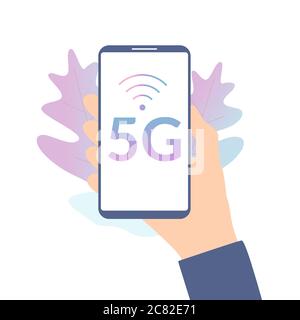 Hand holding smart phone with 5g wireless network technology symbol on the screen . Smartphone and 5G vector illustration isolated Stock Vector