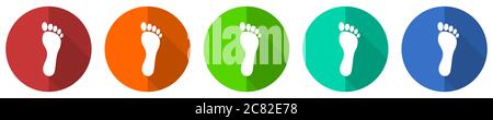 Foot icon set, red, blue, green and orange flat design web buttons isolated on white background, vector illustration Stock Vector