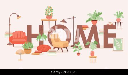 Home word banner design. Cute modern home furniture, and household items, armchair, sofa, domestic plants, flowers, lamp, and books vector flat illustration. Items for interior design. Stock Vector