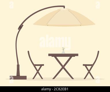 Concept of coffee time: wooden garden furniture or a set of furniture for the balcony: folding table with vase with snowdrops, chairs and umbrella Stock Vector