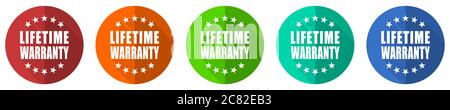 Lifetime warranty icon set, red, blue, green and orange flat design web buttons isolated on white background, vector illustration Stock Vector