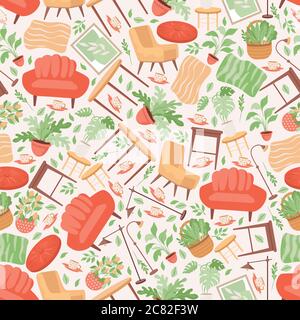 Cute home furniture, and household items, armchair, sofa, domestic plants, flowers in pots, lamps vector flat seamless pattern. Cozy house decoration, modern interior design background. Stock Vector