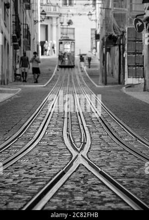 Famous Bica Funicular (Elevador da Bica or Ascensor da Bica), the third oldest of all, inaugurated in 1892, in district of Baixa-Chiado, Lisbon, Portu Stock Photo