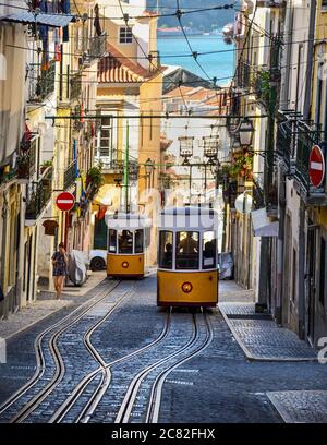 Famous Bica Funicular (Elevador da Bica or Ascensor da Bica), the third oldest of all, inaugurated in 1892, in district of Baixa-Chiado, Lisbon, Portu Stock Photo