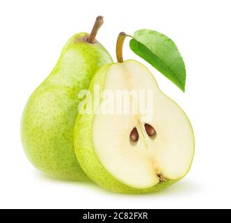 Isolated pears. One green pear and a half with leaf isolated on white background Stock Photo