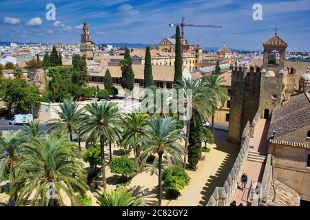 Cordoba, Spain - September 02, 2015: Wide angle view of Alcázar de los Reyes Cristianos (Castle of the Christian Monarchs) located in a region of Anda Stock Photo