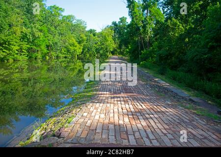 Footpath along the Delaware and Raritan Canal at Colonial Park. This section of the path is paved with brick arranged in parallel lines. -03 Stock Photo