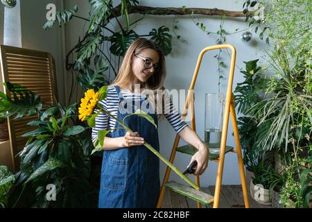 Small business. Florist woman surrounded by tropical plants cutting the stem of yellow sunflower using secateurs, standing near the orange stepladder. Stock Photo