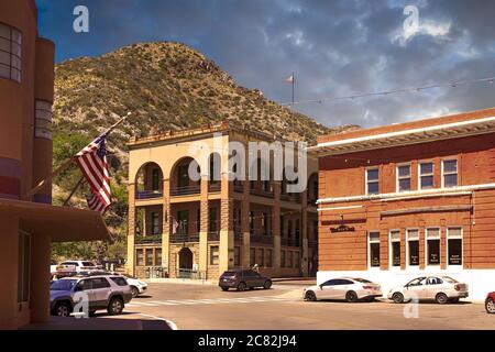 The United State Postal Service and old bank buildings in the town center of Old Bisbee, AZ Stock Photo