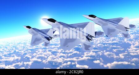 Three F-22 fighter jets with supersonic twin-engines cruise over the cloud layer on their mission. Stock Photo