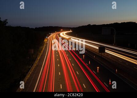 Night shot of traffic on the M25 Motorway with light trails Stock Photo