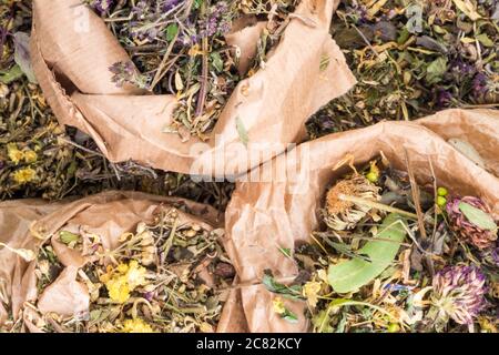 mix of healing herbs in eco zero waste paper bags, close up, herbal medicine, top view. Flat lay. Stock Photo