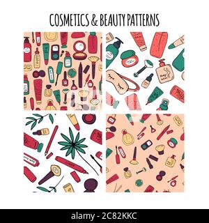 Cosmetics and beauty patterns. Make up and skin care textures. Backgrounds for print and web. Cute cosmetics products and accessories. Vector Stock Vector