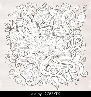 Tea hand lettering and doodles elements background Stock Vector