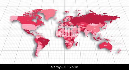 Pink geopolitical map of World. Bottom perspective view with background grid. Vector illustration. Stock Vector