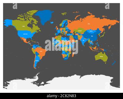 Political map of world with Antarctica. Countries in four different colors without borders on dark grey background. White labels with states and significant dependent territories names. High detail vector illustration. Stock Vector