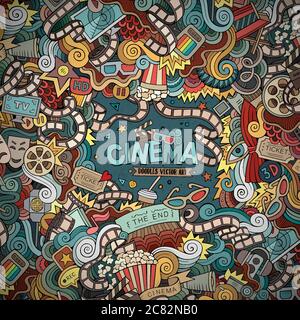 Cartoon vector hand-drawn Cinema Doodle frame. Colorful design Stock Vector