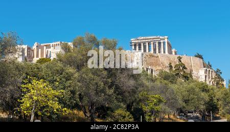 Acropolis with old Parthenon temple, Athens, Greece. It is top landmark of Athens. Panoramic scenic view of famous Acropolis hill and Ancient Greek ru Stock Photo