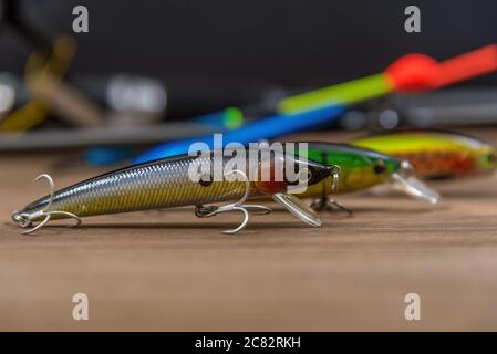 Colorful Fishing Lures, Wobbler, Spinner, on Wood Desk Different Fishing  Baits Stock Image - Image of aqua, jerk: 239031131