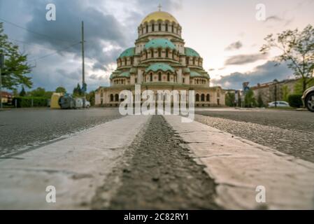 Alexander Nevsky Cathedral in Sofia in background at sunset Stock Photo