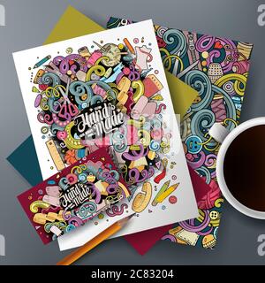 Cartoon cute vector hand drawn doodles Handmade corporate identity set Stock Vector
