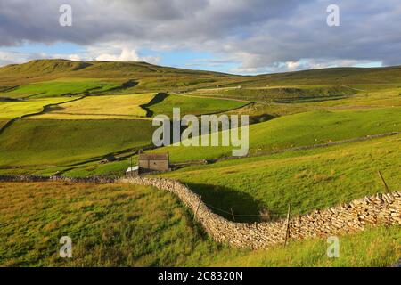 Scenic view of a dry stone wall and fields on a hillside at Stainmore, Pennines, Cumbria, England, UK Stock Photo