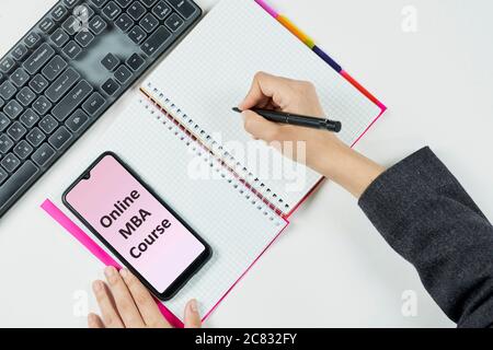 Online MBA course. Woman learning at home. Remote learning, Virtual education, Online study concepts Stock Photo
