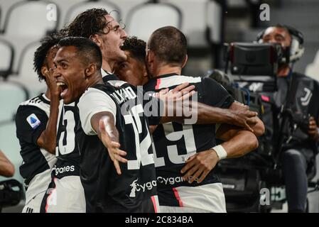 Turin, Italy. 20th July, 2020. Juventus FC celebrates during The Serie A football Match Juventus FC vs Lazio. Juventus FC won 2-1 over Lazio at Allianz Stadium, in Turin. (Photo by Alberto Gandolfo/Pacific Press) Credit: Pacific Press Agency/Alamy Live News Stock Photo