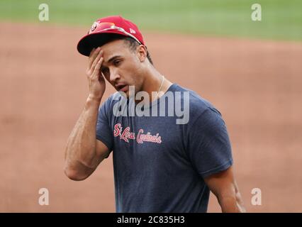 St. Louis, United States. 20th July, 2020. St. Louis Cardinals pitcher Jack Flaherty wipes his face during batting practice at Busch Stadium in St. Louis on Monday, July 20, 2020. Photo by Bill Greenblatt/UPI Credit: UPI/Alamy Live News Stock Photo