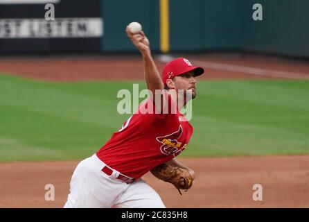 St. Louis, United States. 20th July, 2020. St. Louis Cardinals pitcher Adam Wainwright delivers a pitch during batting practice at Busch Stadium in St. Louis on Monday, July 20, 2020. Photo by Bill Greenblatt/UPI Credit: UPI/Alamy Live News Stock Photo