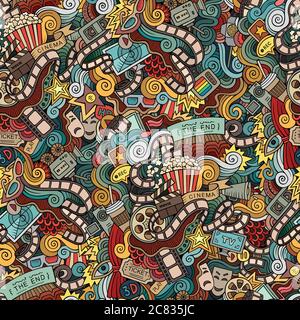 Cartoon doodles hand drawn cinema, movie, film seamless pattern. Stock Vector