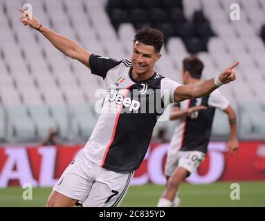 Turin, Italy. 20th July, 2020. FC Juventus' Cristiano Ronaldo celebrates his goal during the Serie A football match between FC Juventus and Lazio in Turin, Italy, July 20, 2020. Credit: Federico Tardito/Xinhua/Alamy Live News Stock Photo