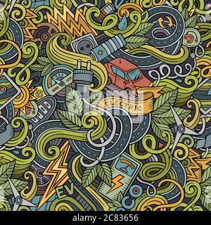 Cartoon cute doodles hand drawn Electric vehicle seamless pattern Stock Vector